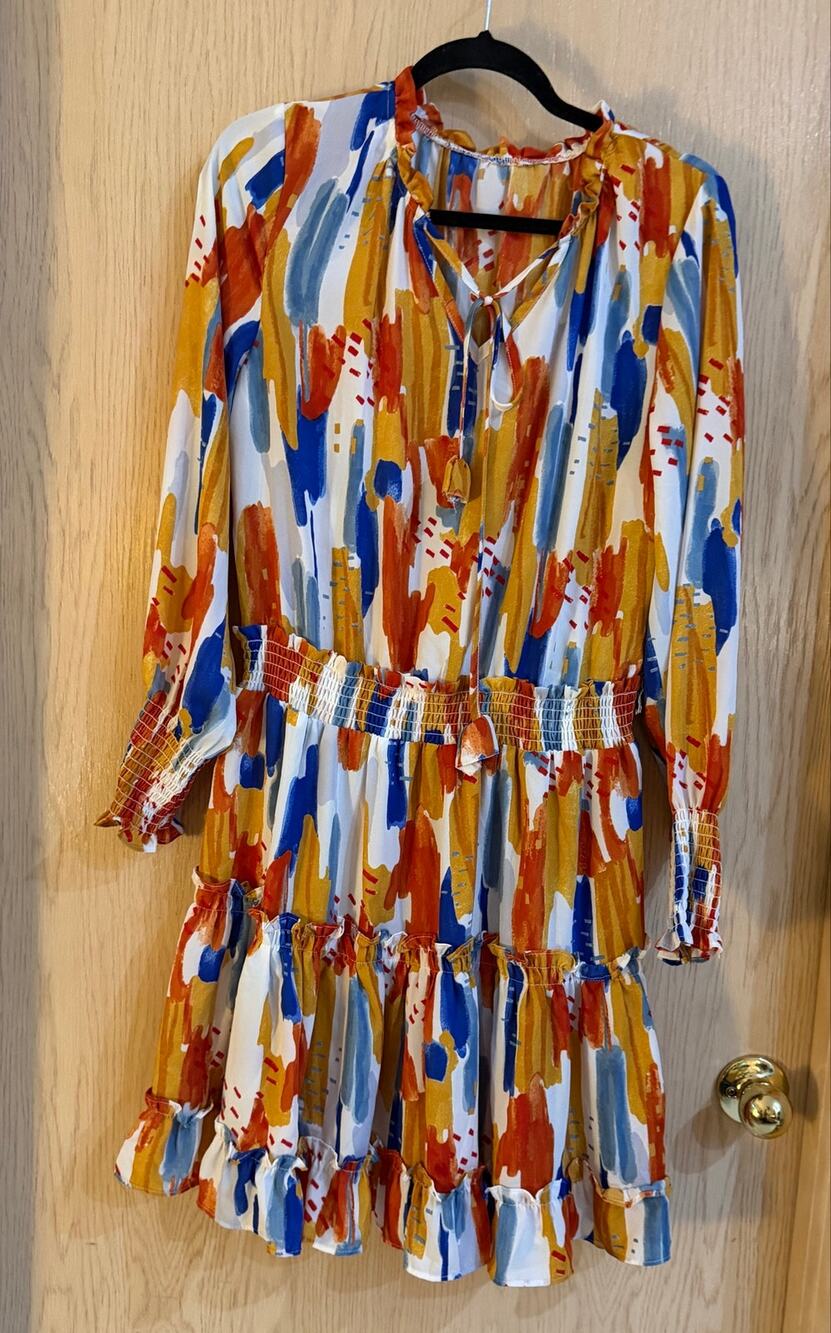 GSTQ Women’s Large Abstract Brushstroke Smocked Waist Tiered Mini Dress